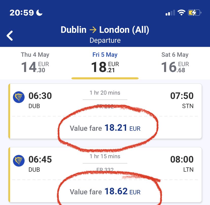 NoKingCharlie's tweet photo. Compare the cost of flying to London to see #coronation with the cost of flying out of London to avoid it. #CancelTheCoronation #NotMyKing https://t.co/WzDrqHjxIx