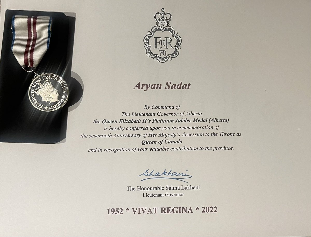 Aryan_Sadat's tweet photo. I am deeply humbled and grateful to have been bestowed with the honor of the Queen Elizabeth Platinum II Medal for my unwavering commitment to community service and volunteering over the past fifteen years.
1/4
#aryansadat https://t.co/VCMEjSDULS