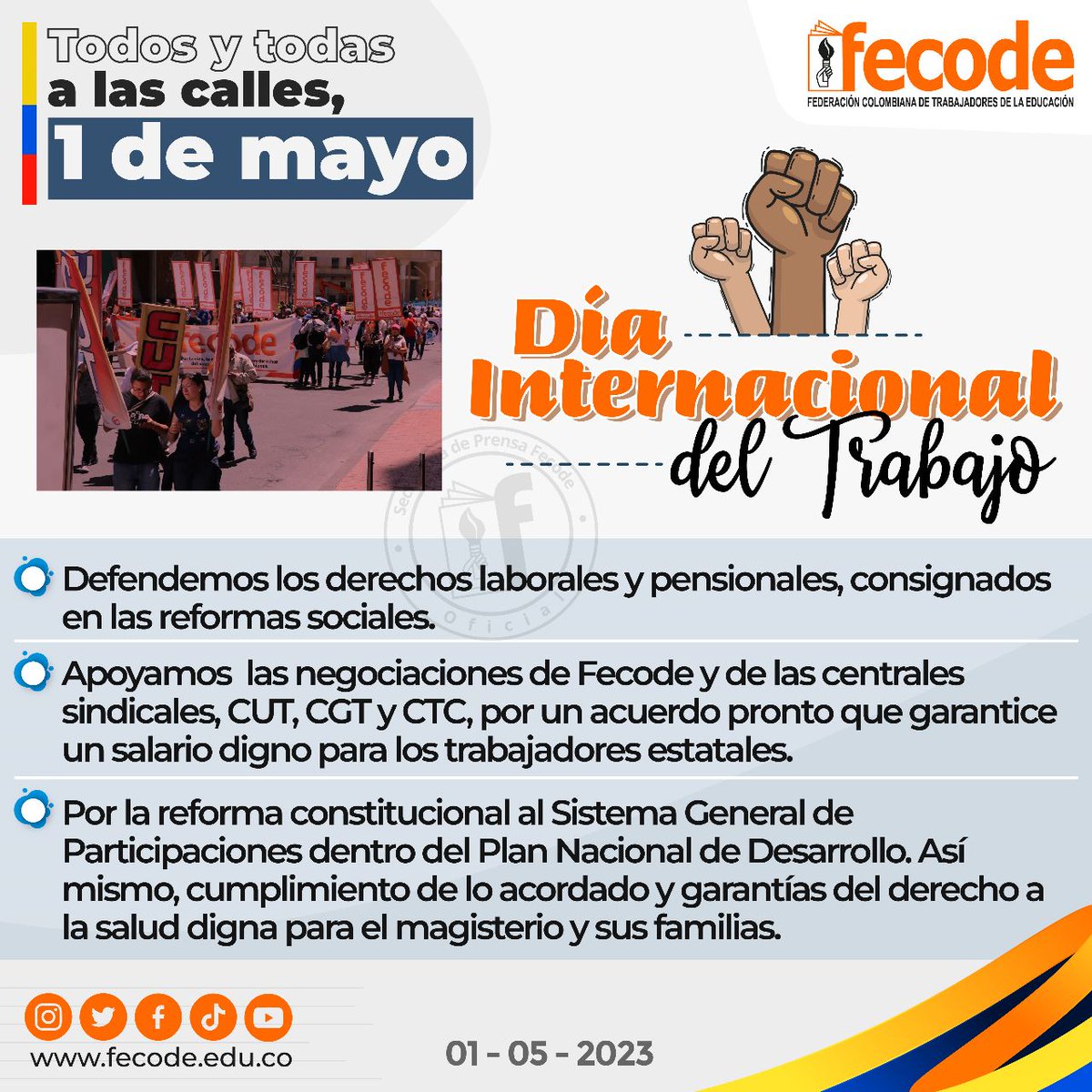 fecode's tweet photo. En el #DíaInternacionalDelTrabajo exigimos voluntad al gobierno en las respectivas mesas, tanto en la estatal, donde debe proponer un incremento digno, como en la de Fecode, porque la reforma al SGP esté consignada en el PND y se materialice como política de gobierno. https://t.co/DyJL919qVx