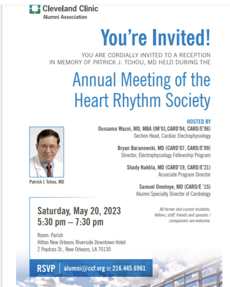 Oussama Wazni (@omwazni) on Twitter photo Please join us to honor and celebrate Dr. Tchou’s life <a href="/HRSonline/">Heart Rhythm Society</a> All alumni and former colleagues and friends are welcome. <a href="/EP_mom1/">Mina Chung MD</a> <a href="/BruceWilkoff/">Bruce Wilkoff</a> <a href="/aymanhusseinmd/">Ayman Hussein MD</a> <a href="/khaldountarakji/">Khaldoun Tarakji</a> <a href="/djcantillonmd/">Daniel Cantillon MD</a> <a href="/DJ_Lakkireddy/">DJ Lakkireddy</a> <a href="/nbwiggins/">Newton Wiggins</a> <a href="/RChung_EP/">Roy Chung</a> <a href="/Dr_Santangeli/">Pasquale Santangeli</a> Please join us to honor and celebrate Dr. Tchou’s life <a href="/HRSonline/">Heart Rhythm Society</a> All alumni and former colleagues and friends are welcome. <a href="/EP_mom1/">Mina Chung MD</a> <a href="/BruceWilkoff/">Bruce Wilkoff</a> <a href="/aymanhusseinmd/">Ayman Hussein MD</a> <a href="/khaldountarakji/">Khaldoun Tarakji</a> <a href="/djcantillonmd/">Daniel Cantillon MD</a> <a href="/DJ_Lakkireddy/">DJ Lakkireddy</a> <a href="/nbwiggins/">Newton Wiggins</a> <a href="/RChung_EP/">Roy Chung</a> <a href="/Dr_Santangeli/">Pasquale Santangeli</a>