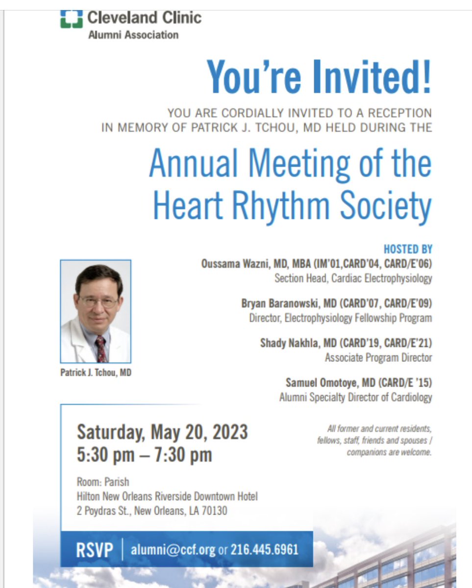 Please join us to honor and celebrate Dr. Tchou’s life @HRSonline All alumni and former colleagues and friends are welcome. @EP_mom1 @BruceWilkoff @aymanhusseinmd @khaldountarakji @djcantillonmd @DJ_Lakkireddy @nbwiggins @RChung_EP @Dr_Santangeli