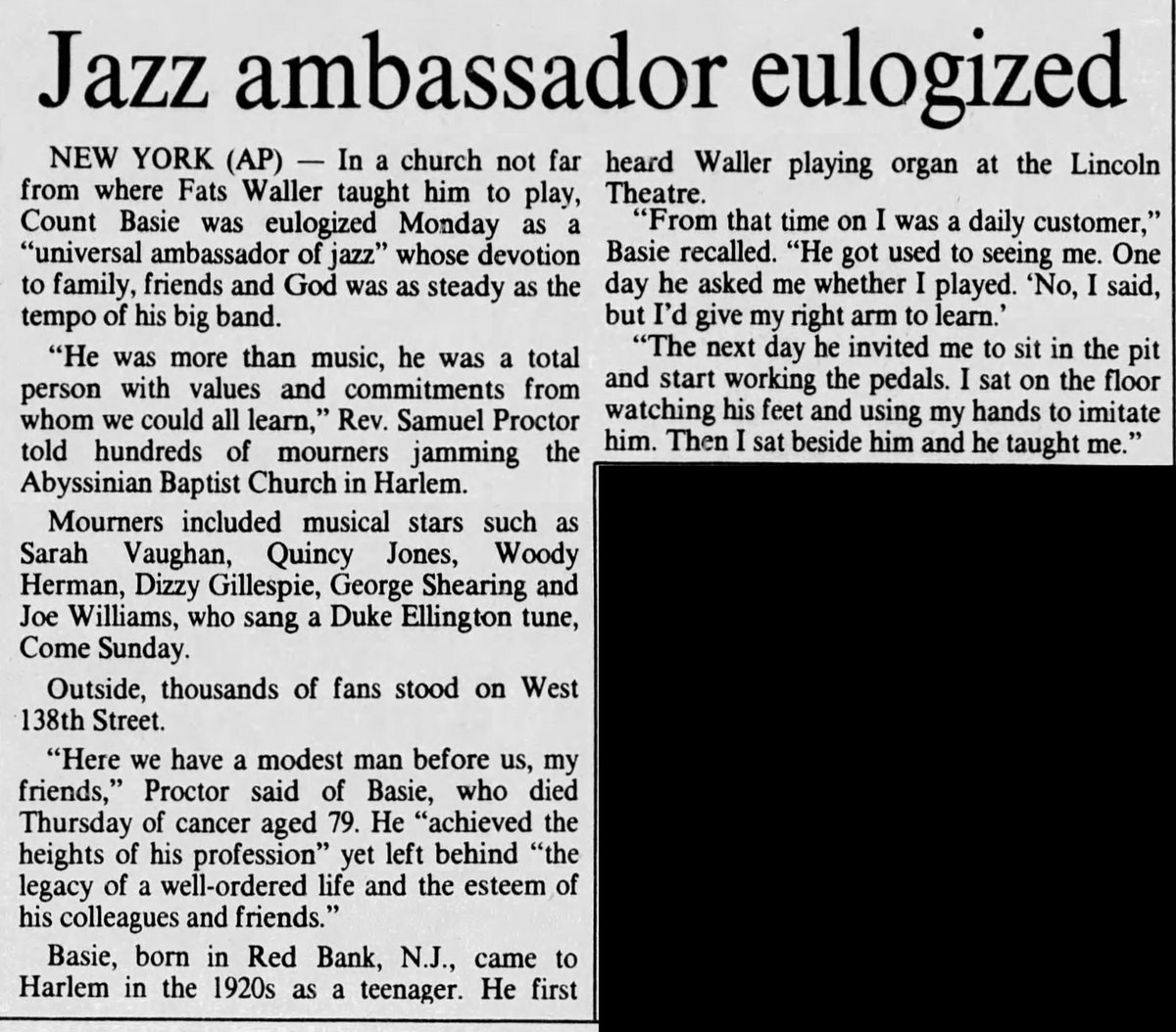 'Jazz Ambassador Eulogized' 
May 1, 1984 
#History #OTD #CountBasie #Jazz #1980s