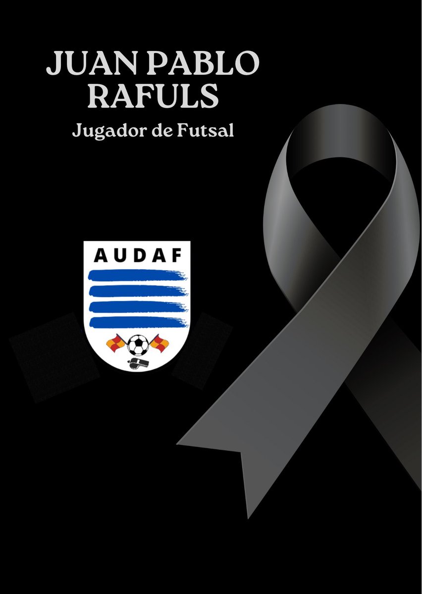 audafgremial's tweet photo. Desde AUDAF lamentamos profundamente el fallecimiento de Juan Pablo Rafuls, jugador de Futsal.

Enviamos a familiares, allegados y amigos, nuestras mas sentidas condolencias.

QEPD https://t.co/xOYpUrn5iP