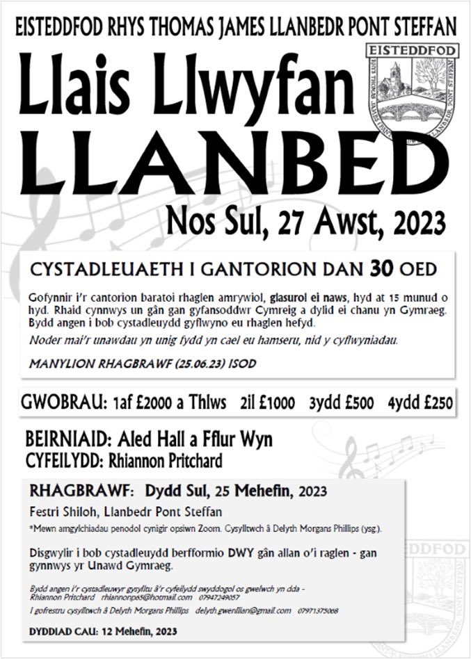 Rhiannon Lewis (@rhiannontanlan) on Twitter photo #Llongyfarchiadau Beth nesa’ i rai o ieuenctid llwyddiannus <a href="/EisteddfodBont/">Eisteddfod Bont</a> ? Beth am gystadlu yn #LlaisLlwyfanLlanbed <a href="/SteddfodLlanbed/">Steddfod RTJ Llanbed</a> ? Trefn newydd ‘leni a gwobrau hael £2,000/£1,000/£500/£250 <a href="/AledHall/">Aled Hall 🏴</a> <a href="/fflurwyn/">Fflur Wyn</a> <a href="/rhipritchard/">Rhiannon Pritchard</a> <a href="/JamesPantyfed/">James Pantyfedwen</a> Cysylltwch am fwy o wybodaeth. #Llongyfarchiadau Beth nesa’ i rai o ieuenctid llwyddiannus <a href="/EisteddfodBont/">Eisteddfod Bont</a> ? Beth am gystadlu yn #LlaisLlwyfanLlanbed <a href="/SteddfodLlanbed/">Steddfod RTJ Llanbed</a> ? Trefn newydd ‘leni a gwobrau hael £2,000/£1,000/£500/£250 <a href="/AledHall/">Aled Hall 🏴</a> <a href="/fflurwyn/">Fflur Wyn</a> <a href="/rhipritchard/">Rhiannon Pritchard</a> <a href="/JamesPantyfed/">James Pantyfedwen</a> Cysylltwch am fwy o wybodaeth.