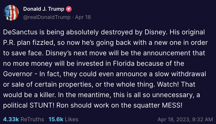 MaxNordau's tweet photo. David French and Donald Trump agree: LEAVE DISNEY ALONE!!! https://t.co/3WccBKTJJC