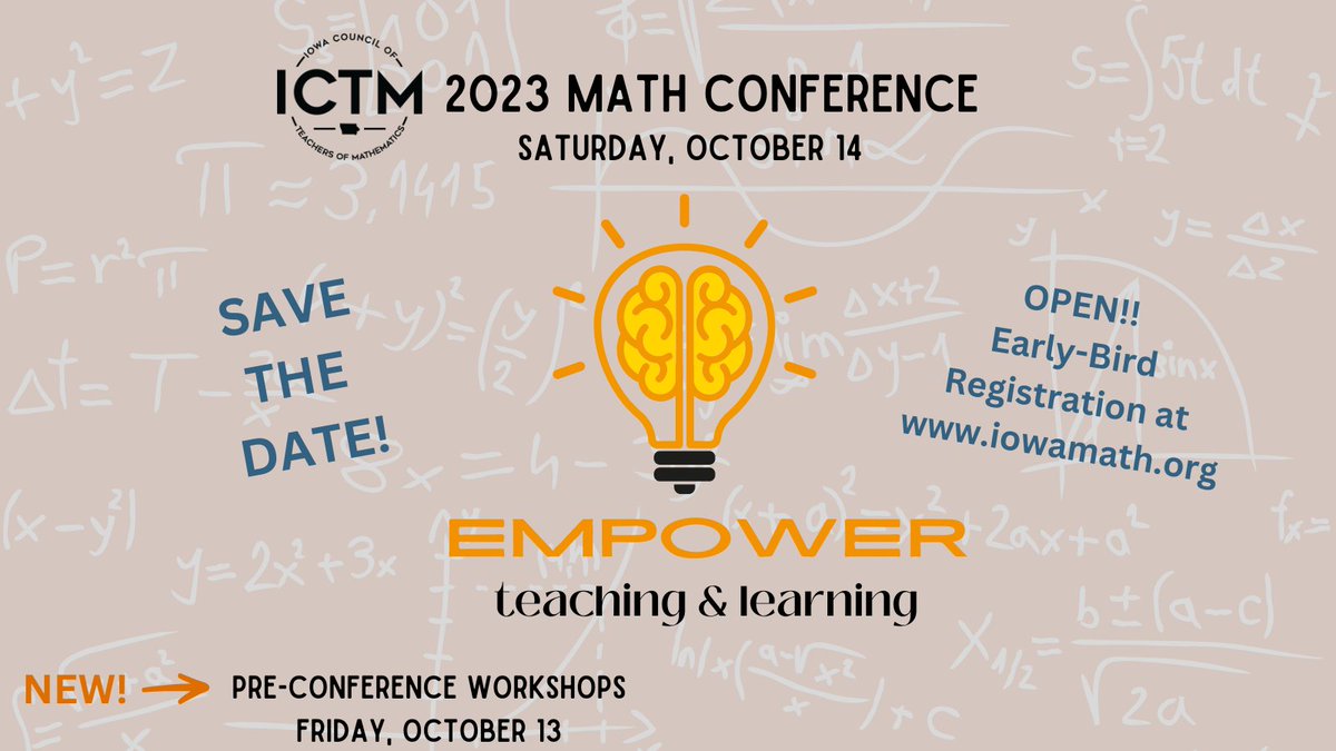 IowaMathTeach's tweet photo. Early-Bird Registration for the 2023 ICTM Conference is open!!! Check out the Pre-Conference Workshops too! See all the details at https://t.co/fN2Co49S1A.  #iowamathteach  #mathteach  #elemmath  #iteachmath  #mtbos  #mathcoach https://t.co/9J9WKf8Y2J