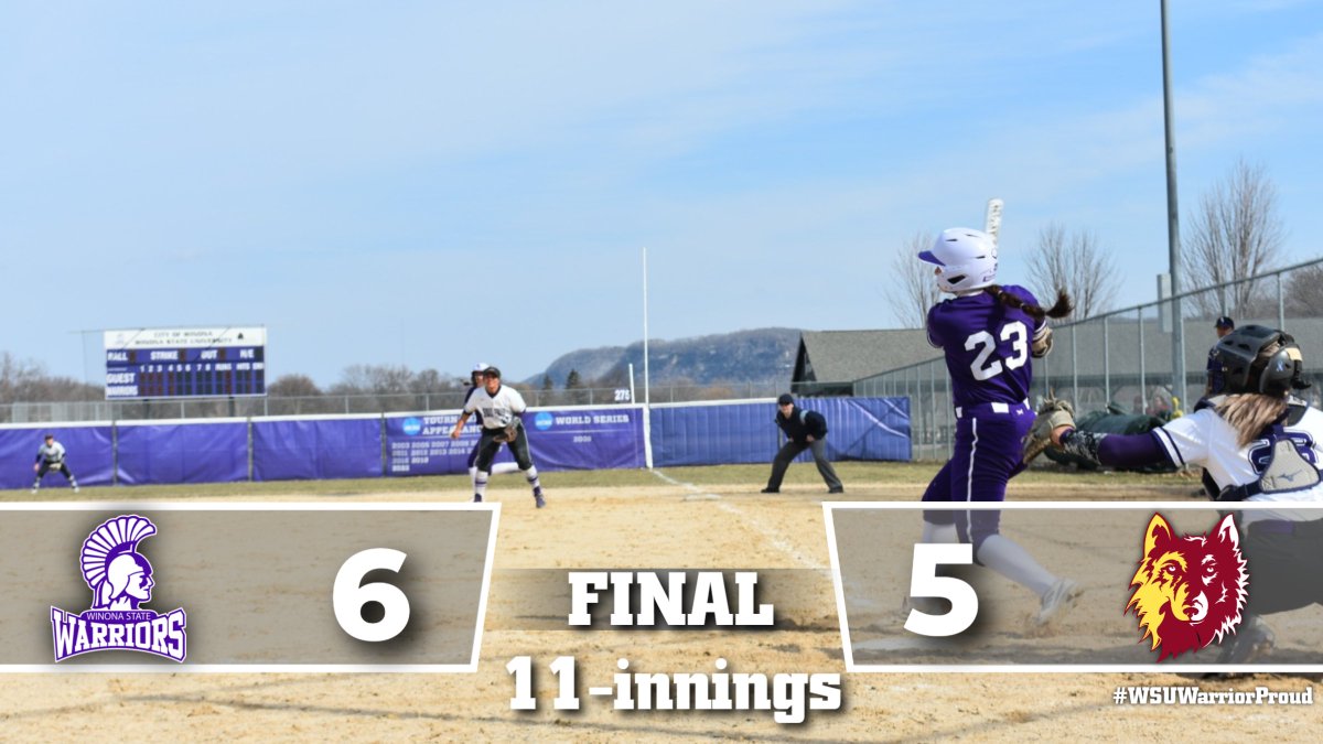 WinonaStateATH's tweet photo. Winona State Softball || @WinonaStateSB w/ Warrior walk-off win! Abbie Hlas w/ 11th inning double, scoring Savannah Serdynski for the win! Skyler Calmes earns the victory in relief... Game two on tap! Go Warriors!  #GraduateChampions #WSUWarriorProud https://t.co/BGI3wHvlLQ