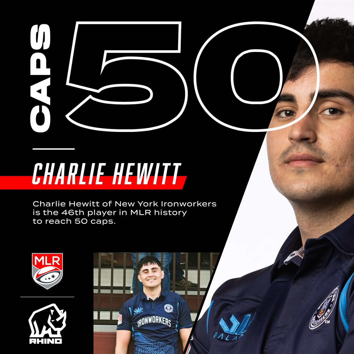 usmlr's tweet photo. Charlie Hewitt of @rugbynewyork is the 46th athlete in MLR history to reach 50 caps. 

In the first MLR Season, Hewitt made 8 appearances for the @Hou_Sabercats. 

Ahead of today's match, he's scored one try, made 169 carries, has 889 meters run, made 362 tackles, has 520 ruck arrivals, 56 lineout takes, and two lineout steals in his MLR career. 

To learn more about how Hewitt reached 50 caps: https://t.co/hgVpZBr7jm

#MLR2023 | @RhinoRugbyUSA
