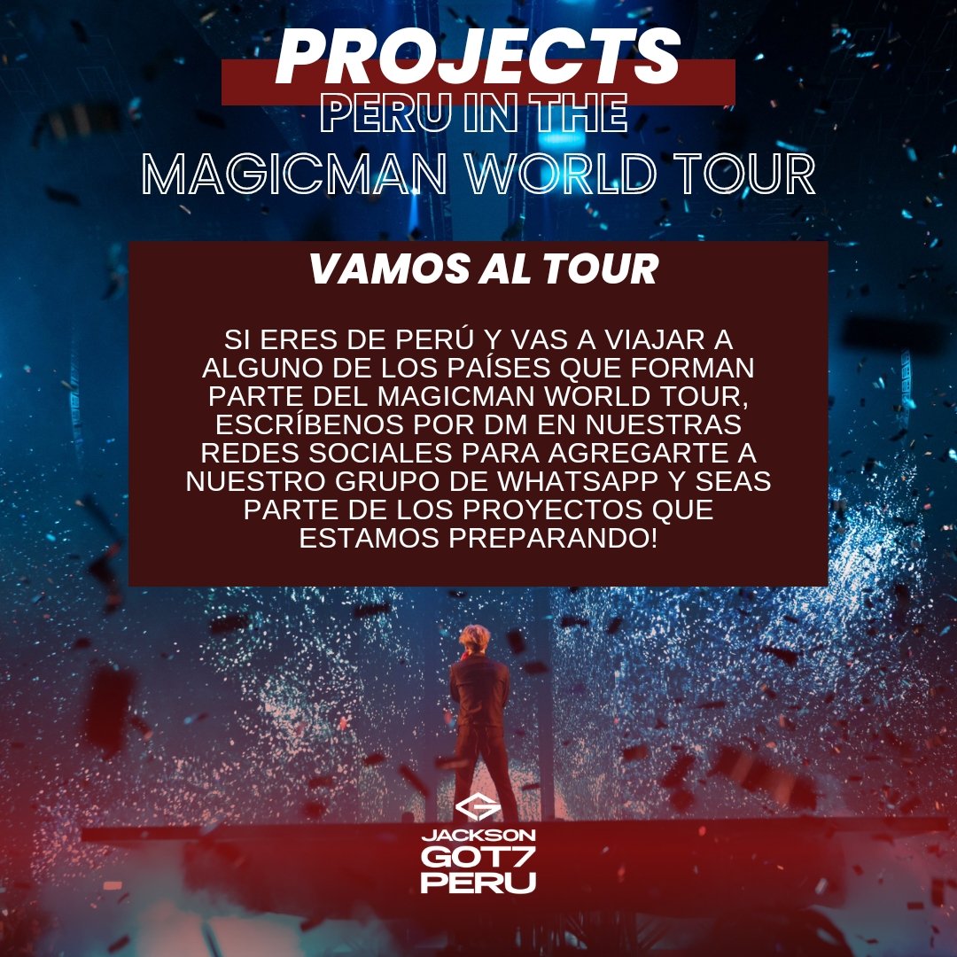 Jackson_G7Peru's tweet photo. ✧ 𝐏𝐑𝐎𝐉𝐄𝐂𝐓𝐒: ᴘᴇʀᴜ ɪɴ ᴛʜᴇ ᴍᴀɢɪᴄᴍᴀɴ ᴡᴏʀʟᴅ ᴛᴏᴜʀ
Vamos juntos al Tour !!!
Si vas al tour, mándanos un DM! Tenemos proyectos preparados ✨
#Jackson #JacksonWang #JacksonGOT7Peru #Magicman #MAGICMANWorldTour https://t.co/kMcDGdWiMH