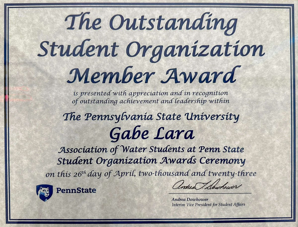 More awards inbound! <a href="/gaberlara/">Gabe Lara 🏳️‍🌈</a> was selected as the winner of the Penn State Outstanding Student Org Member award. Gabe was chosen for his work leading and directing the 1st annual Penn State Water Conference in March. #PennStateWater