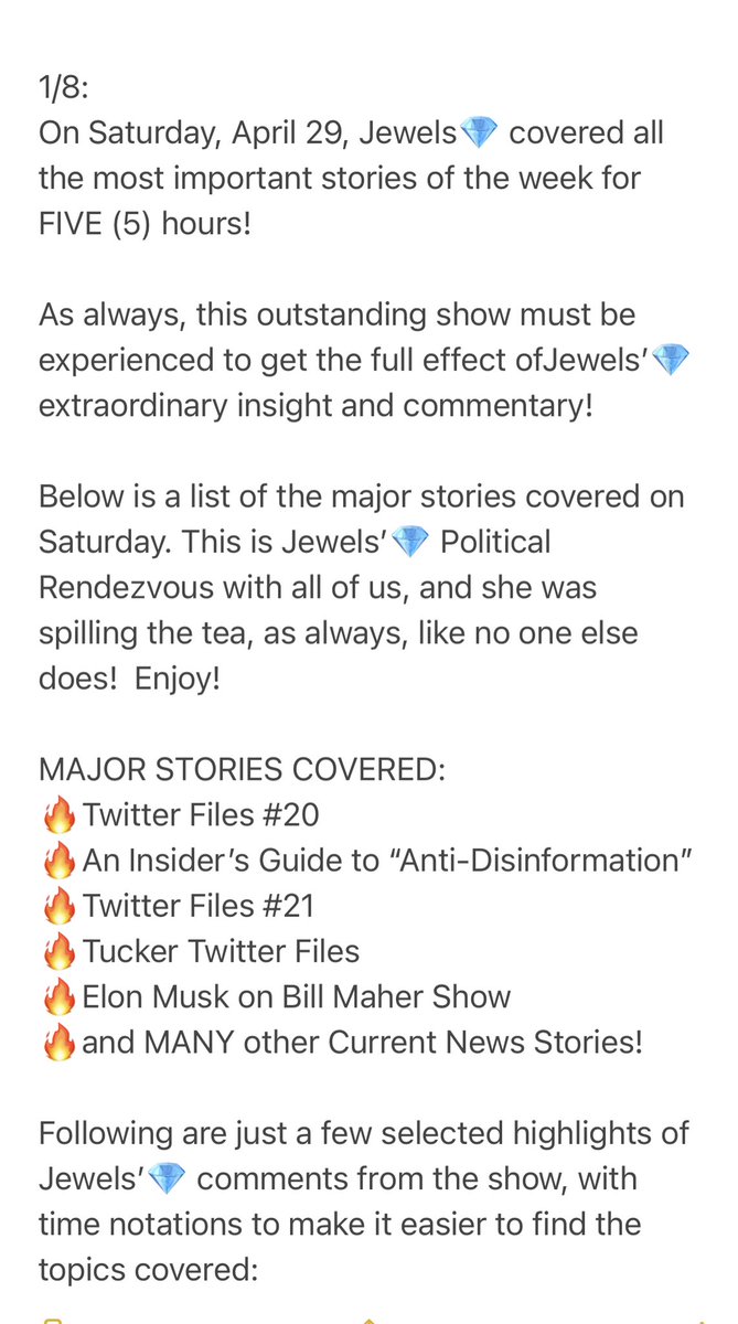 RobPligrimSr's tweet photo. 1/2:
SATURDAY’s (4/29/2023) #JewelsJonesLive -
A Political Rendezvous
w/ @JewelsJonesLive 💎
Ep.#25:“The Left’s War on Speech”
#TwitterFiles20
#TwitterFiles21
#TuckerTwitterFiles

https://t.co/FM0CpVu2FF
Saturdays: 3PM ET
#InTheLitterbox
Weekdays: 3PM ET

Highlights(1-4) &amp; Pt 2👇 https://t.co/DZ5IGkDuon