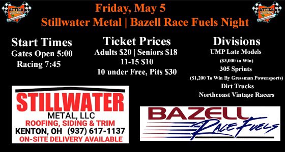 atticaracewyprk's tweet photo. FRI MAY 5th-Stillwater Metal &amp; Bazell Race Fuels Night 
UMP LM ($3k to win)
305 Sprints ($1,200 to win) presented by Gressman Powersports 
Dirt trucks 
Northcoast Vintage Racers
Gates open at 5p
Racing at 7:45p
Adults: $20 
Seniors: $18
11-15: $10
10 &amp; under: FREE 
Pit Pass: $30 https://t.co/VavsBD9brj