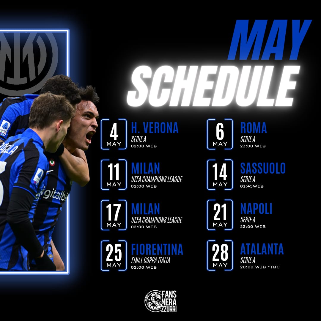 FansNerazzurri's tweet photo. MAY SCHEDULE.

[?] UCL ZONE
[?] SEMIFINAL CHAMPIONS LEAGUE
[?] FINAL COPPA ITALIA

“All things seem possible in May.” https://t.co/m3f1AjFHDi