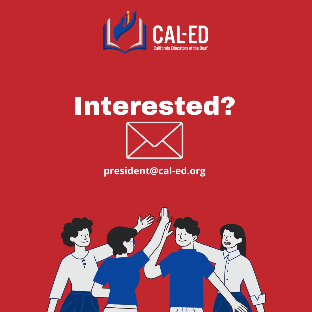 CaledOrg's tweet photo. Are you organized? A team player? Passionate about #DeafEducation? Live in California? We need your support!
Conference 9/28 to 10/1 in Sacramento. Come, it'll be educational. 😊
Contact president@cal-ed.org today!
#caled2023 #deafed #deaf #AEB #ASL #languageliteracy https://t.co/xb6yBASHco