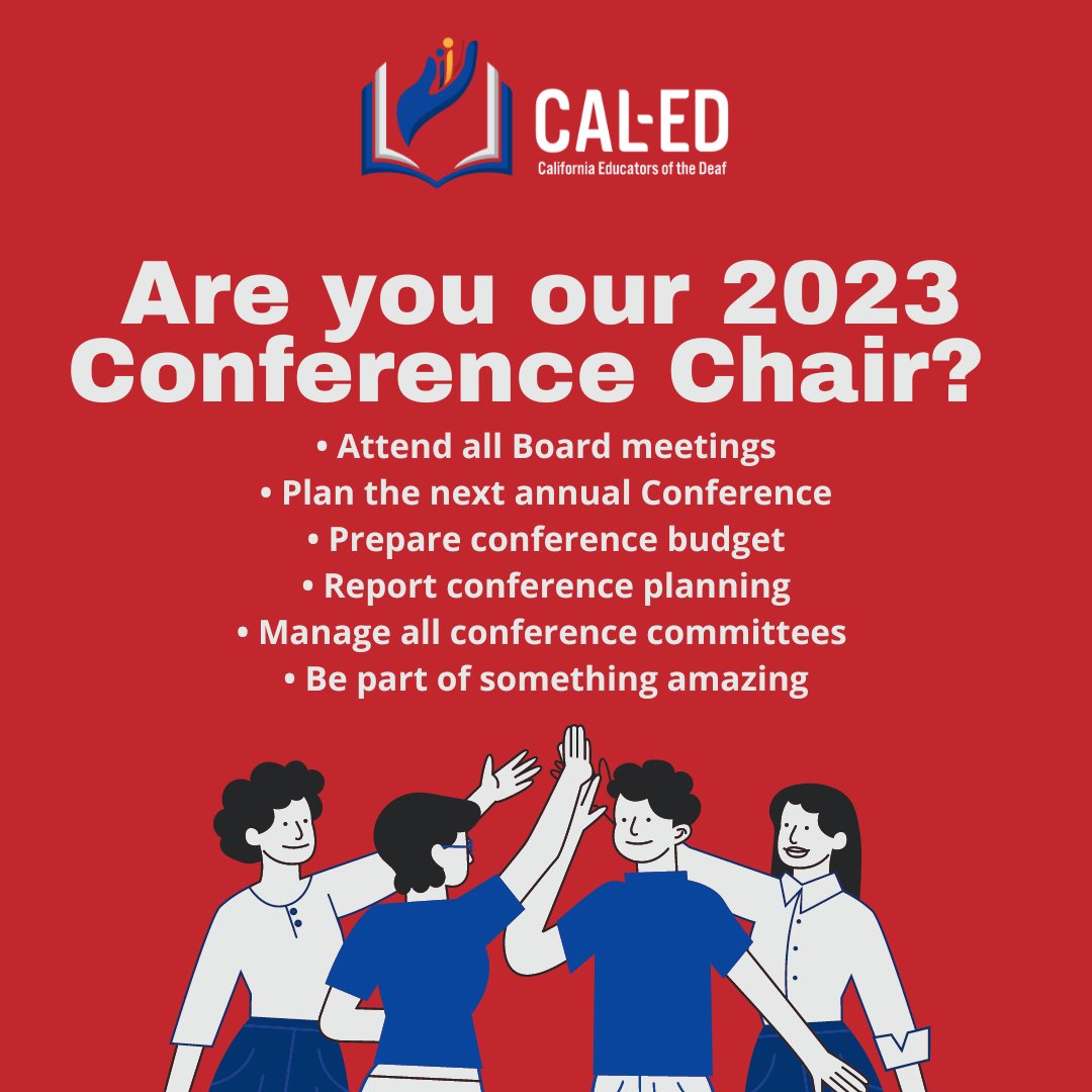 CaledOrg's tweet photo. Are you organized? A team player? Passionate about #DeafEducation? Live in California? We need your support!
Conference 9/28 to 10/1 in Sacramento. Come, it'll be educational. 😊
Contact president@cal-ed.org today!
#caled2023 #deafed #deaf #AEB #ASL #languageliteracy https://t.co/xb6yBASHco
