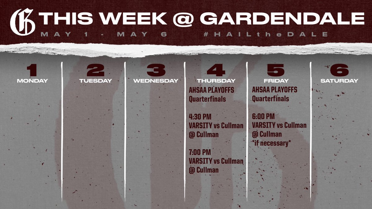 Quarterfinals this week! Make plans to head up 65 and cheer us on against a very good Cullman team. #HailtheDale