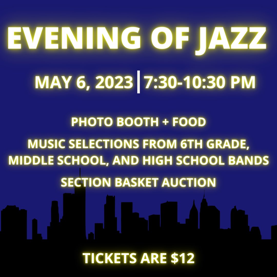 Our annual Evening of Jazz event is THIS SATURDAY at Shawnee Mission South! There will be food, live music, and a photo booth, as well as an auction full of baskets with various items in them made by the band!! We hope to see you there!!