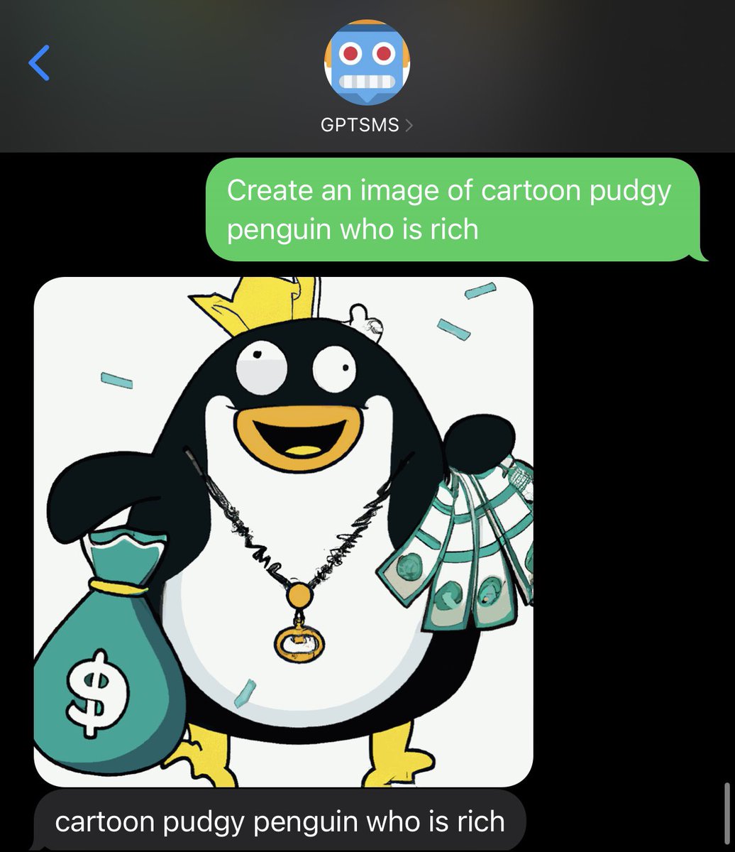 gptsmsai's tweet photo. Tried to get the AI to make a pudgy penguin meme, in the ballpark but needs retraining on pudgy data :P @pudgypenguins  #ai #chatgpt #dalle #gptsms #gptsmsai #pudgypenguins https://t.co/DNBvyoAVEs