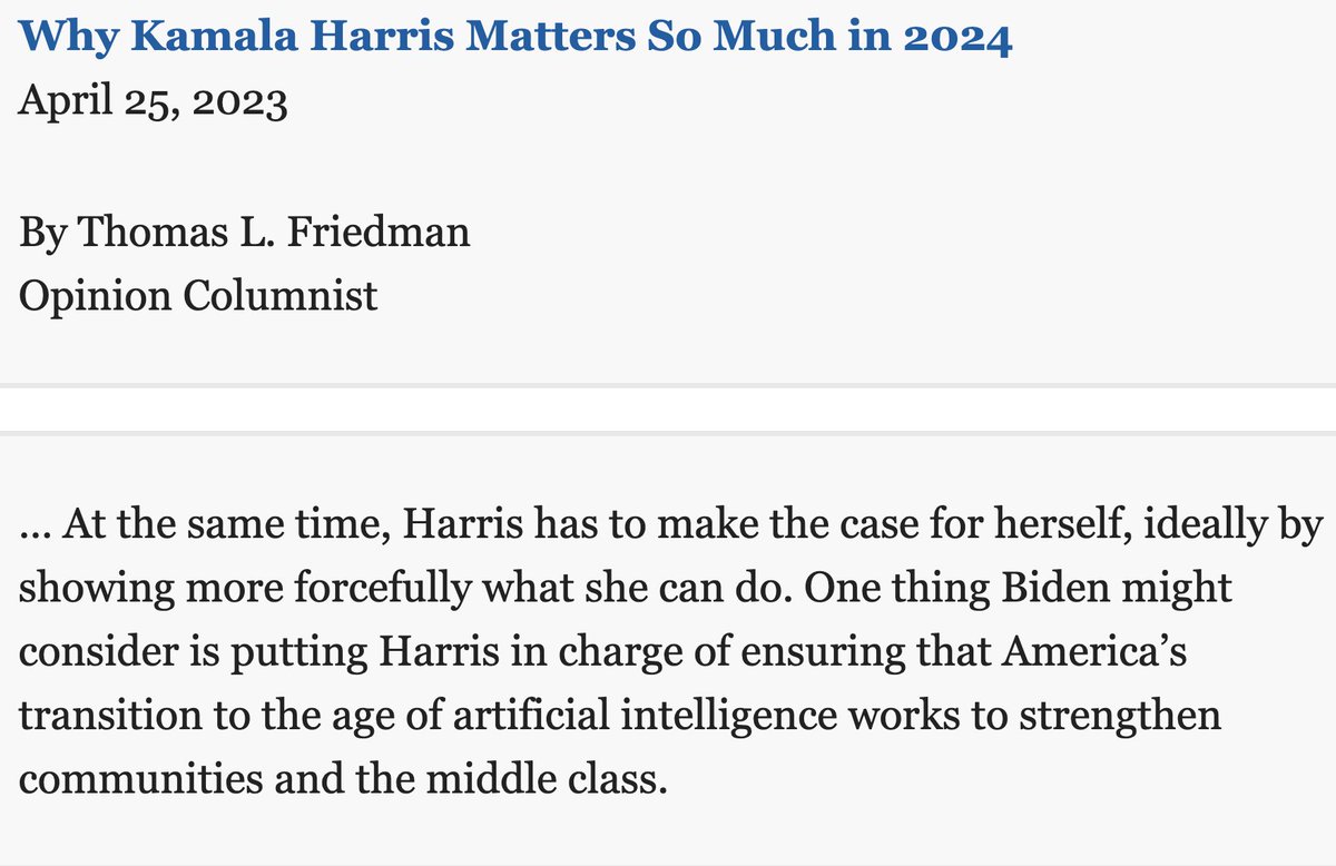 Steve_Sailer's tweet photo. NYT's Tom Friedman advises Biden to make Kamala our Artificial Intelligence czar:

https://t.co/zzOIiQnr8t

That might explain the Fermi Paradox: sooner or later, all intelligent life in the galaxy puts their equivalent of Kamala in charge of something complicated and important. https://t.co/F1n02jmuL1