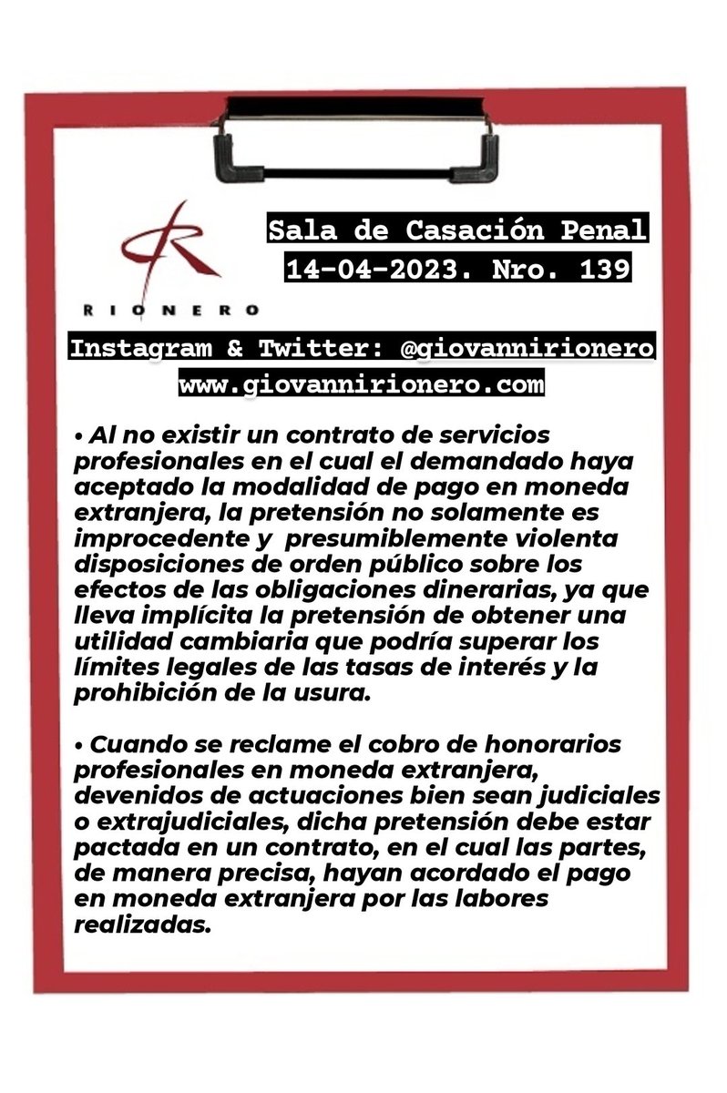 GiovanniRionero's tweet photo. #HonorariosProfesionales Reciente sentencia en la cual se advierte que las exigencias de pago de honorarios profesionales en moneda extranjera deben encontrarse sustentadas en algún instrumento contractual. https://t.co/dFgeT1A7h2