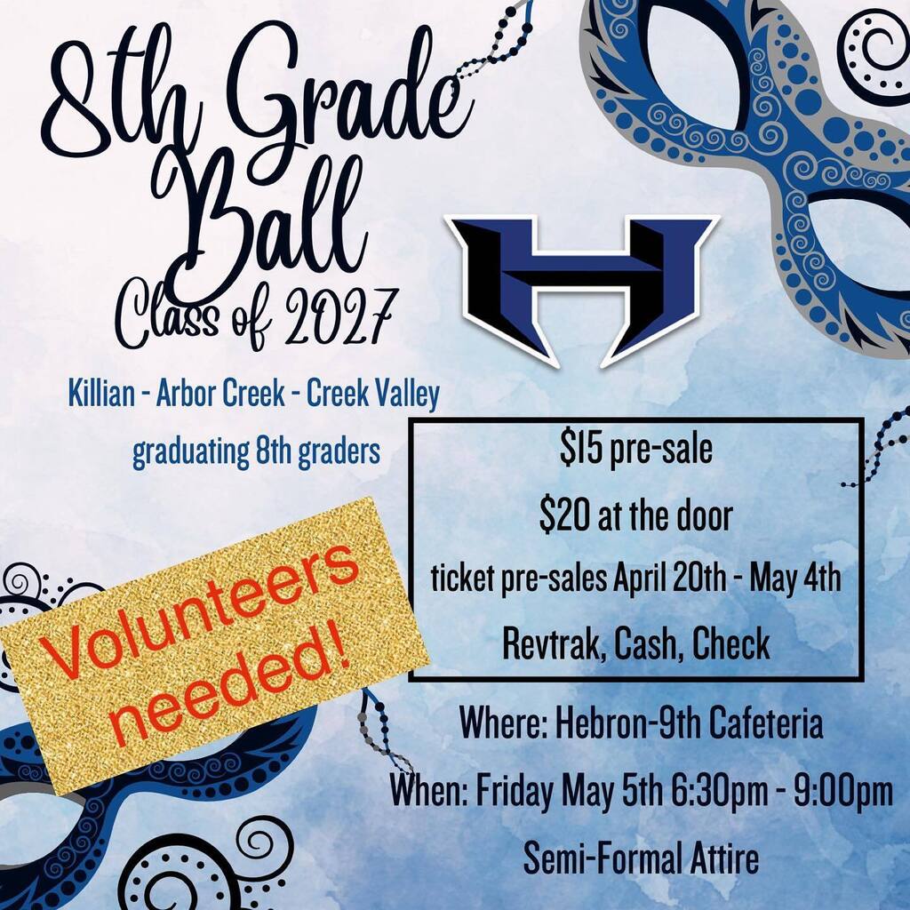 Want to see all the 8th graders dressed up and having fun? 💃🪩🕺

Volunteer at the 8th Grade Ball at Hebron 9 on Friday, May 5! @killian_ms_lisd is in charge of snacks - and it's pretty easy to hand out popcorn and water bottles. instagr.am/p/CrrKUq8P0Te/