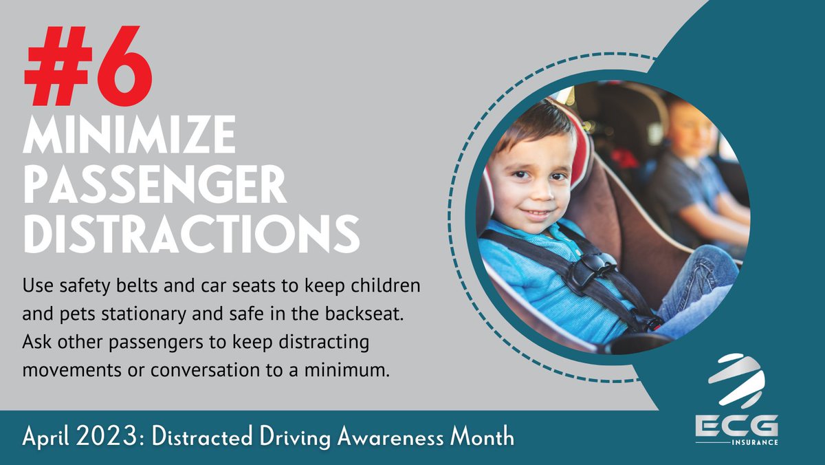 EcgInsurance's tweet image. Tip 6: Minimize Passenger Distractions. Use seat belts &amp;amp; car seats to keep children secure &amp;amp; safe in the backseat. Ask other passengers to keep distractions or conversation to a minimum.

#ECGInsurance #InsuranceMadeSimple #KansasInsurance #CarInsurance #DistractedDriving