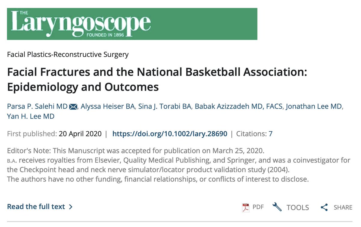 #NBAPlayoffs--u know what that means! Highlighting my favorite paper--The FIRST ever study on facial fractures in the National Basketball Association #NBA #CraniofacialSurgery #Surgery #Yale #Trauma #PlasticSurgery #ReconstructiveSurgery #Heat #Warriors #Mavericks #MedTwitter