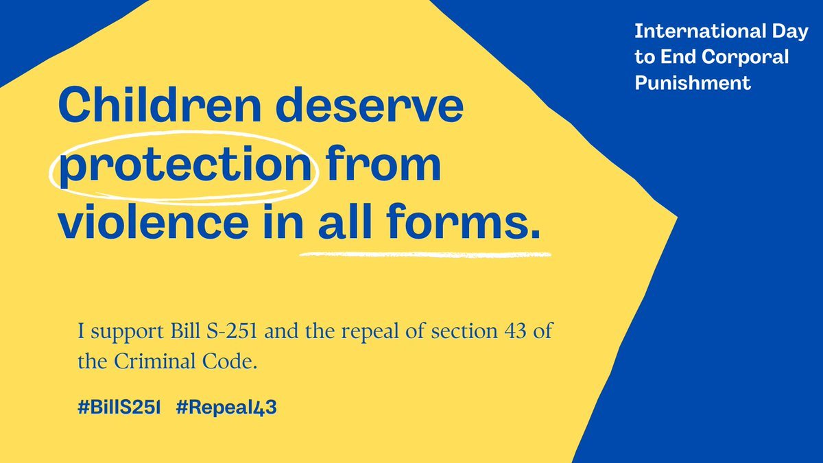 PONDA stands in solidarity with families & advocates across Canada in standing against Corporal Punishment.

Children + Youth w Disabilities are at higher risk of physical harm and maltreatment. 

Our laws must serve to protect them, and all children & youth.

#BillS251 #Repeal43
