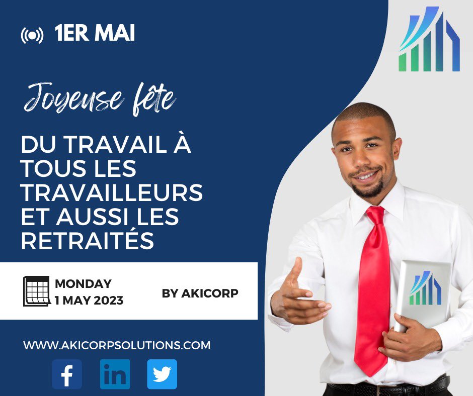 AkicorpLtd's tweet photo. En cette journée spéciale, nous souhaitons à tous les travailleurs une Joyeuse Fête du Travail 🎁🎈🎂 ! Et rappelons-nous que, ensemble, nous pouvons construire un avenir meilleur 🌅🤝. https://t.co/wy16zBDZ0E