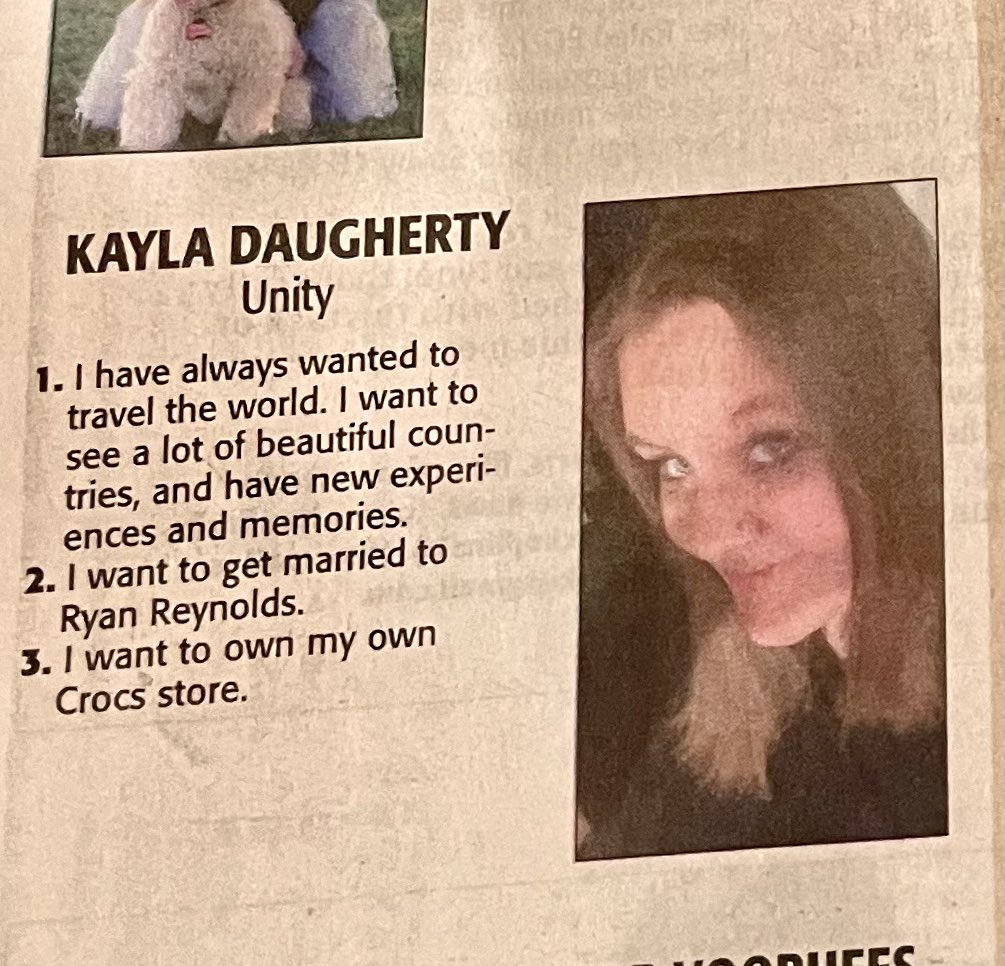 kelli5605's tweet photo. Our local newspaper asked one HS senior from each area HS for their 10 year bucket list. My apologies, @blakelively , my daughter evidently thinks your marriage to @VancityReynolds is not permanent. https://t.co/s9vLhR5J6w