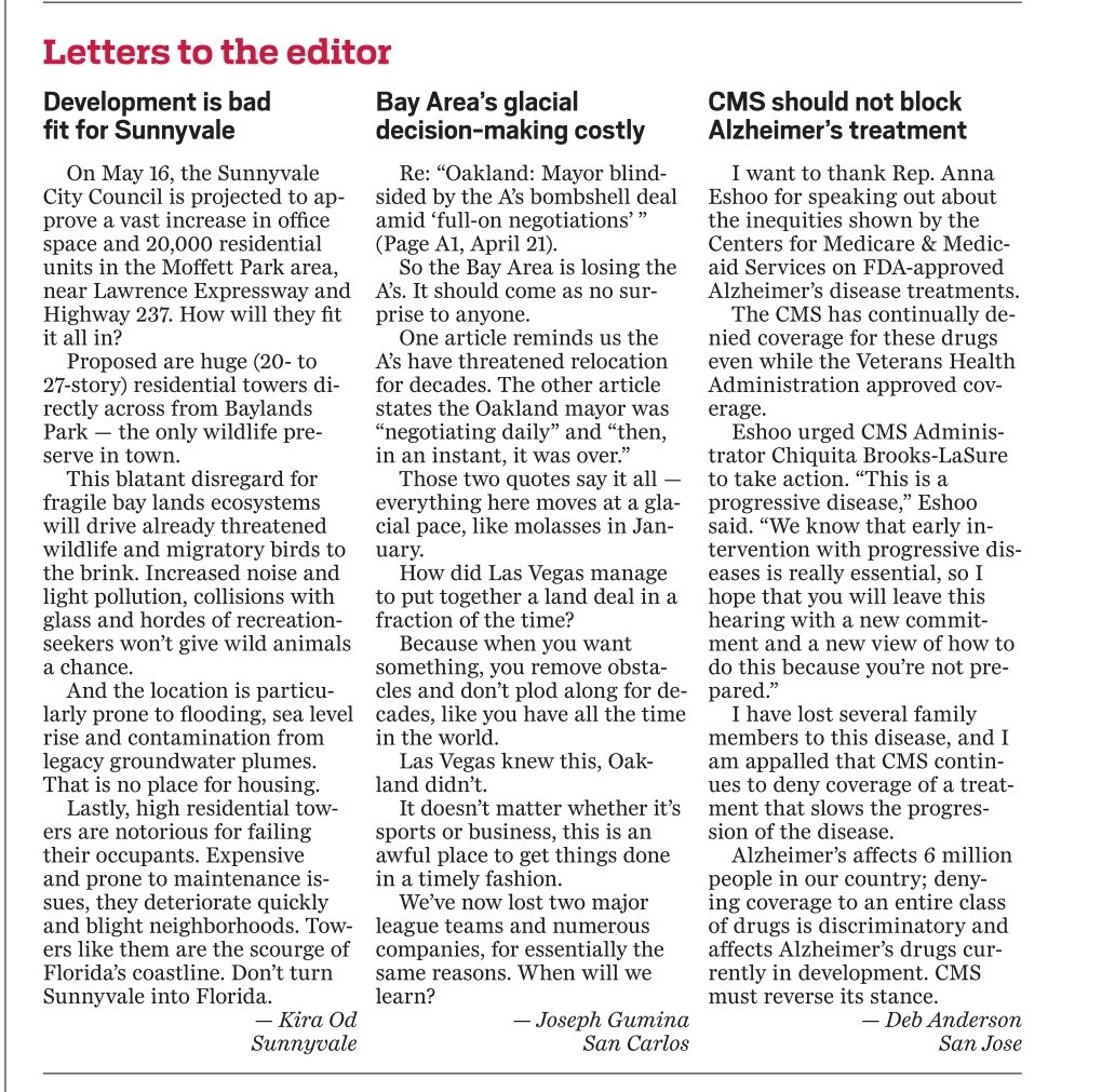 weedebs2's tweet photo. My thank you to @RepAnnaEshoo for her remarks to the CMS Administrator urging him to reserve their stance on FDA approved drugs was published in the Mercury News today. Thank you for your support! #ENDALZ @AlzNorCalNorNev https://t.co/YKSGXf4xjw