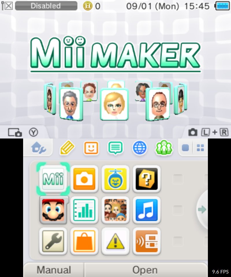 Screenshot of the 3DS HOME Menu in system version 9.0.0 emulated in Mikage