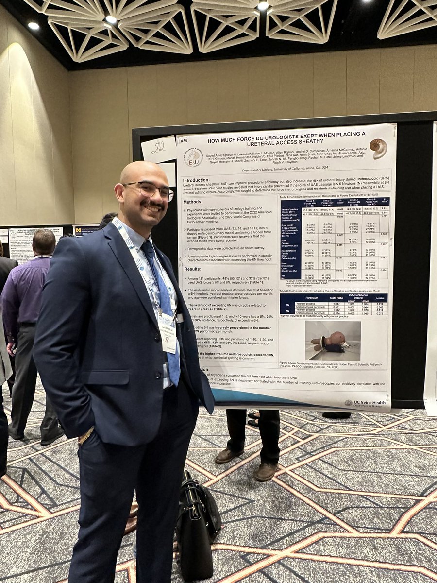 mariahch00's tweet photo. Congratulations to @amirlavasani_ on his superb poster presentation regarding the force exerted during UAS placement by urologists! 
#EUS #AUA2023 https://t.co/DYTDaXGHZ7