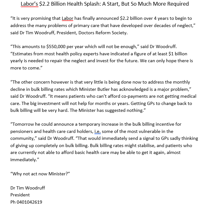Medicare Restructure A Start. 1/2 as much as needed. No action on current bulk billing crisis. An emergency ignored. Poverty kills so why keep dole below poverty line. <a href="/drsreform/">Doctors Reform Society</a> @LaTrioi <a href="/abcadelaide/">ABC Adelaide</a> <a href="/AusHealthReform/">AHCRA</a> <a href="/MelissaSweetDr/">Melissa Sweet</a>