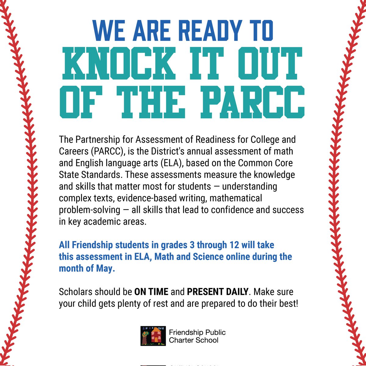 FriendshipPCS's tweet photo. Friendship Public Charter School campuses will begin PARCC Testing this week .
Please make sure your child...
- gets plenty of rest.
- arrives to school on time.
- is present daily!
Let's KNOCK IT OUT OF THE PARCC!!
#FriendshipProud #dccharterproud #PARCC #PARCCTesting https://t.co/QGVfrwusUa