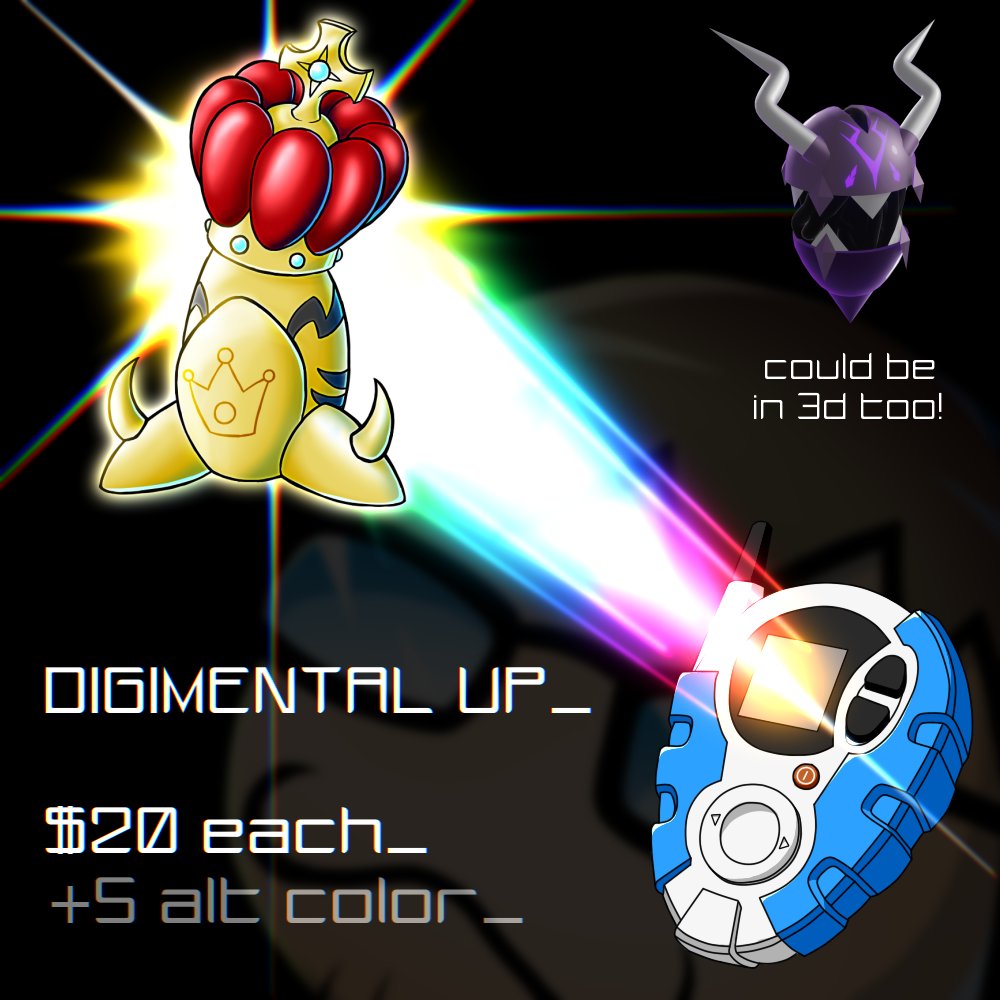 jojogape's tweet image. DIGIMENTAL UP!! ✨✨

$20 each, plus $5 for every alt color version! Includes a .PSD file!

BG can be transparent or any color.
Also available as a 3D model! In this case, the .blend file would be included.

#Digimon #デジモン #digimental