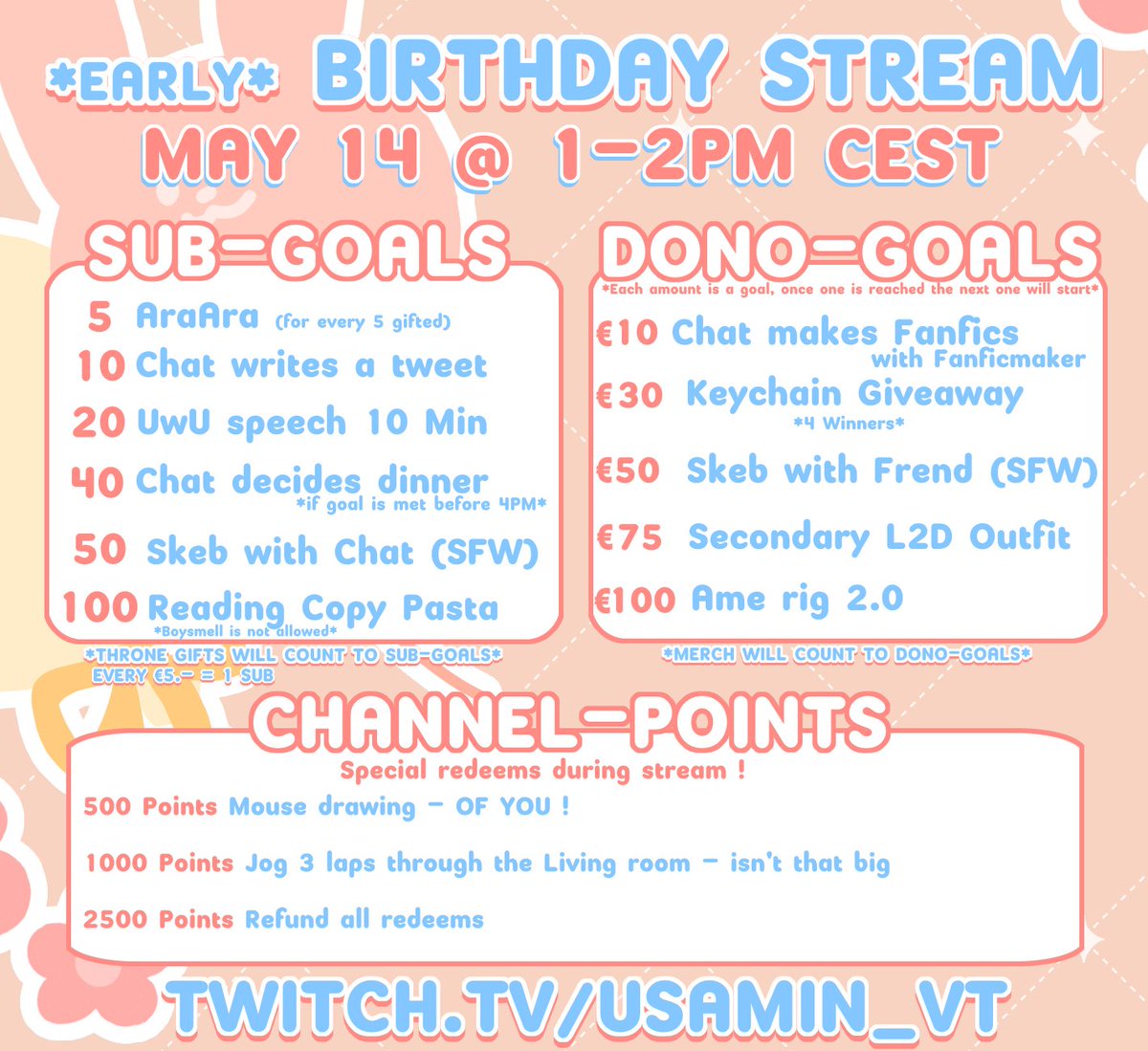 Usamin_VT's tweet photo. BIRTHDAY STREAM ANNOUNCEMENT
SATURDAY MAY 14TH @ 1-2 PM CEST

I have no specific games planned yet, but my main goal is just to have fun with you guys !
Maybe we can figure out some games together!

Stream will last from around 1-2PM CEST until 6-7PM CEST !

Will you be there?

@ https://t.co/mCZG1wxbhR
#Vtuber #ENVtuber #VTuberUprising #VtuberReveal #Twitch #TwitchStreamers #VtuberEN #VtuberDebut #UsaminLive
