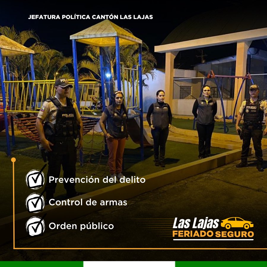 JPLasLajas1's tweet photo. ¡Juntos por un #FeriadoSeguro!

➡️La jefa política @lorenamorochog junto a @PoliciaEcuador, incrementaron operativos para prevenir hechos delictivos y dar tranquilidad a la ciudadanía.

Estas acciones son disposiciones del Gobernador #ByronZapata para fortalecer la seguridad. https://t.co/723YzepV5P