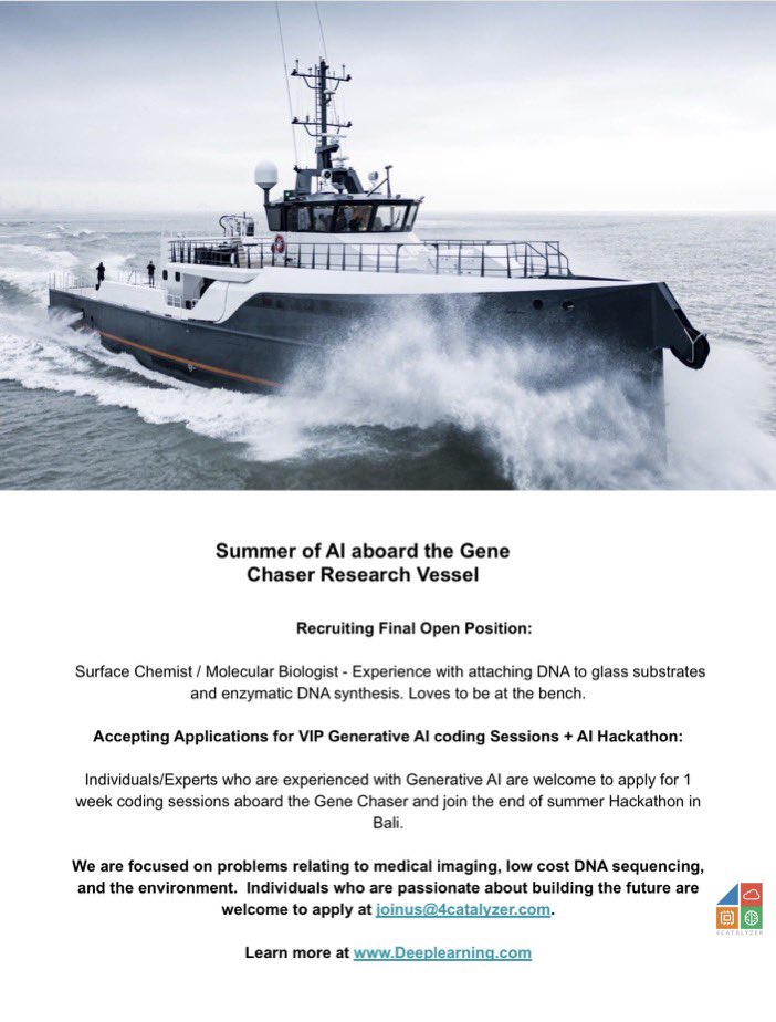 CharlesDence's tweet photo. Position onboard @GeneChaser with @JMRothberg in the Pacific this summer (1 week to 1 month duration) for Generative AI experts to participate in coding sessions and hackathons - related to medical imaging, DNA sequencing and environmental potential of AI. 🤖🧬🩻🌏🛥️👍 https://t.co/PmY3qMIHcI