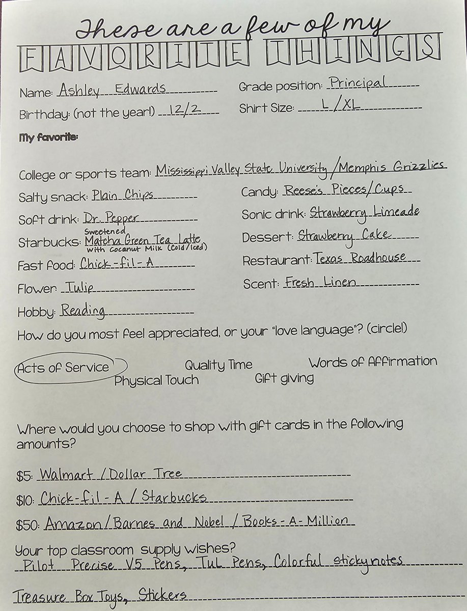 Tomorrow is Principal's Appreciation Day! Here are some of Mrs. Edwards favorite things! Let's pour into her like she pours into our Eagle Family! #ilovelucyes #LESGameOn