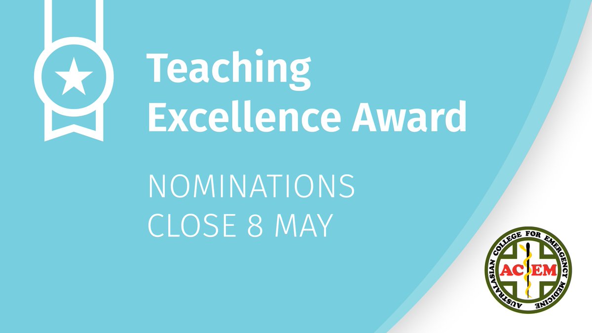 acemonline's tweet photo. Nominations for the ACEM Teaching Excellence Award close 8 May!

Nominate a FACEM who's been a great teacher for you, and who has given distinguished and extensive service in #emergencymedicine teaching and learning.

Nominate here: https://t.co/xQ0Md7OUyk https://t.co/ZbzsmTUBRi
