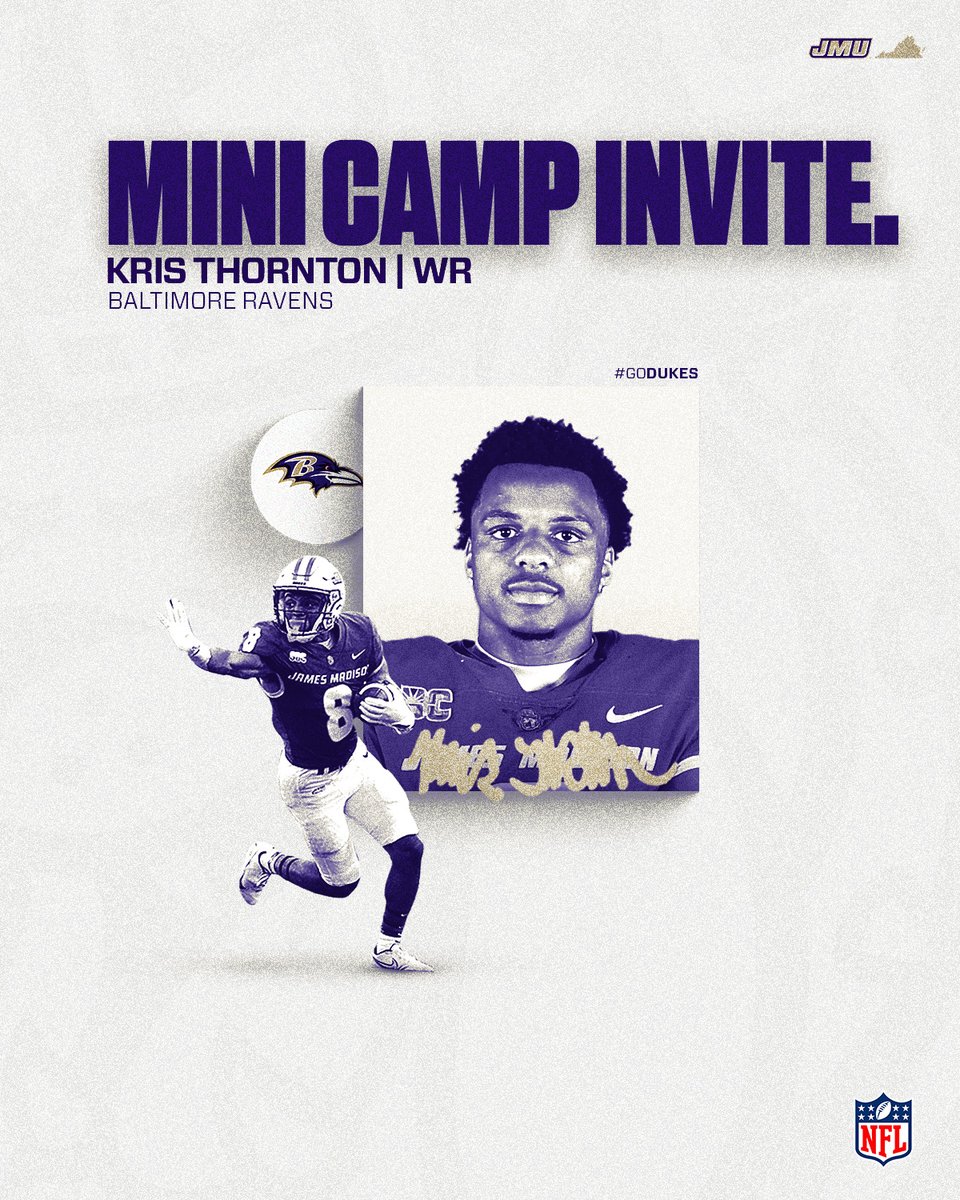 JMUFootball's tweet photo. 𝐑𝐨𝐨𝐤𝐢𝐞 𝐌𝐢𝐧𝐢 𝐂𝐚𝐦𝐩 𝐈𝐧𝐯𝐢𝐭𝐞.

Good luck to @__KT1__ as he heads to the Baltimore Ravens rookie mini camp!

#GoDukes https://t.co/Sm0E2LdM2L