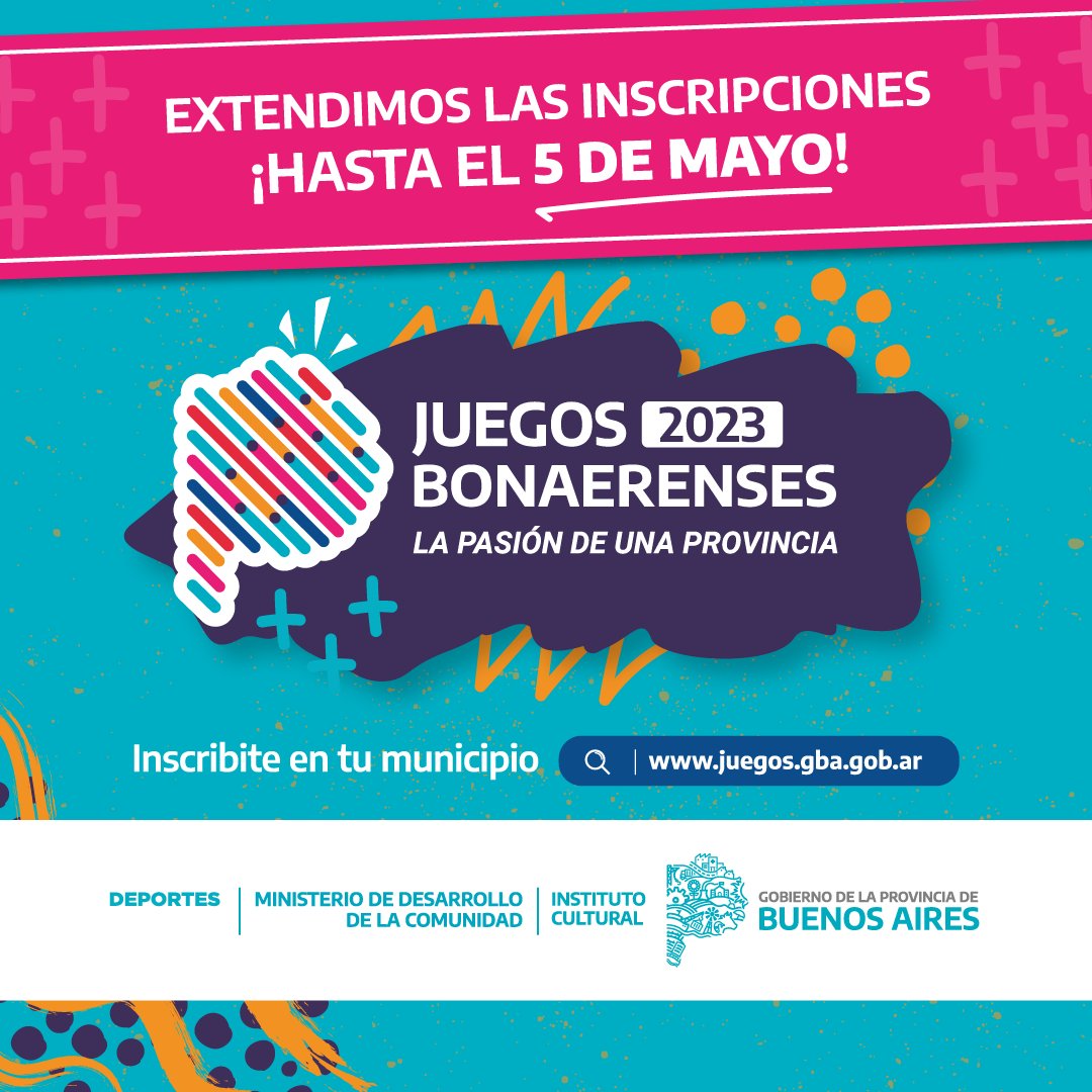 MinDesarrolloBA's tweet photo. 🌊 JUEGOS BONAERENSES 2023 🫶

🙌¡Se extendieron las inscripciones!

✍️Si todavía no te anotaste tenés tiempo hasta el 5 de mayo. 

Te inscribís en https://t.co/cezqmRAizl https://t.co/rPfzLgAdN0