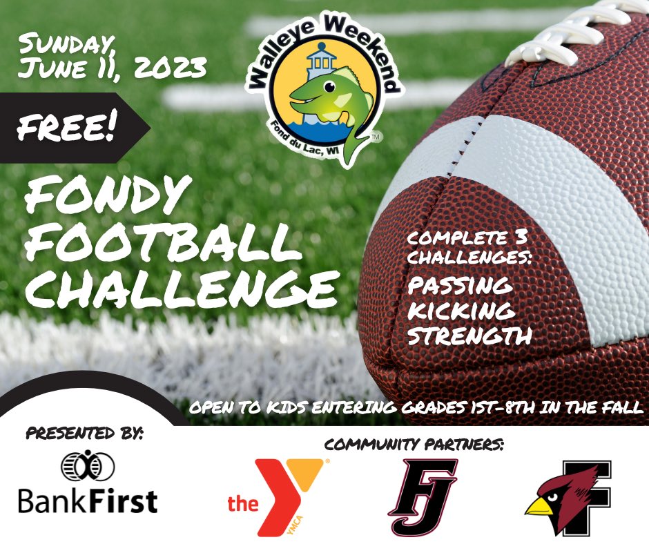 Fond du Lac Family YMCA (@fdlymca) on Twitter photo Registration opens May 8th for the Fondy Football Challenge taking place at Walleye Weekend! Open to kids entering 1st-8th grade in the Fall. Limited space available. Register at fdlymca.org!
fdlymca.org/fondy-football…
<a href="/fondy_football/">Fond du Lac Football</a> Registration opens May 8th for the Fondy Football Challenge taking place at Walleye Weekend! Open to kids entering 1st-8th grade in the Fall. Limited space available. Register at fdlymca.org!
fdlymca.org/fondy-football…
<a href="/fondy_football/">Fond du Lac Football</a>