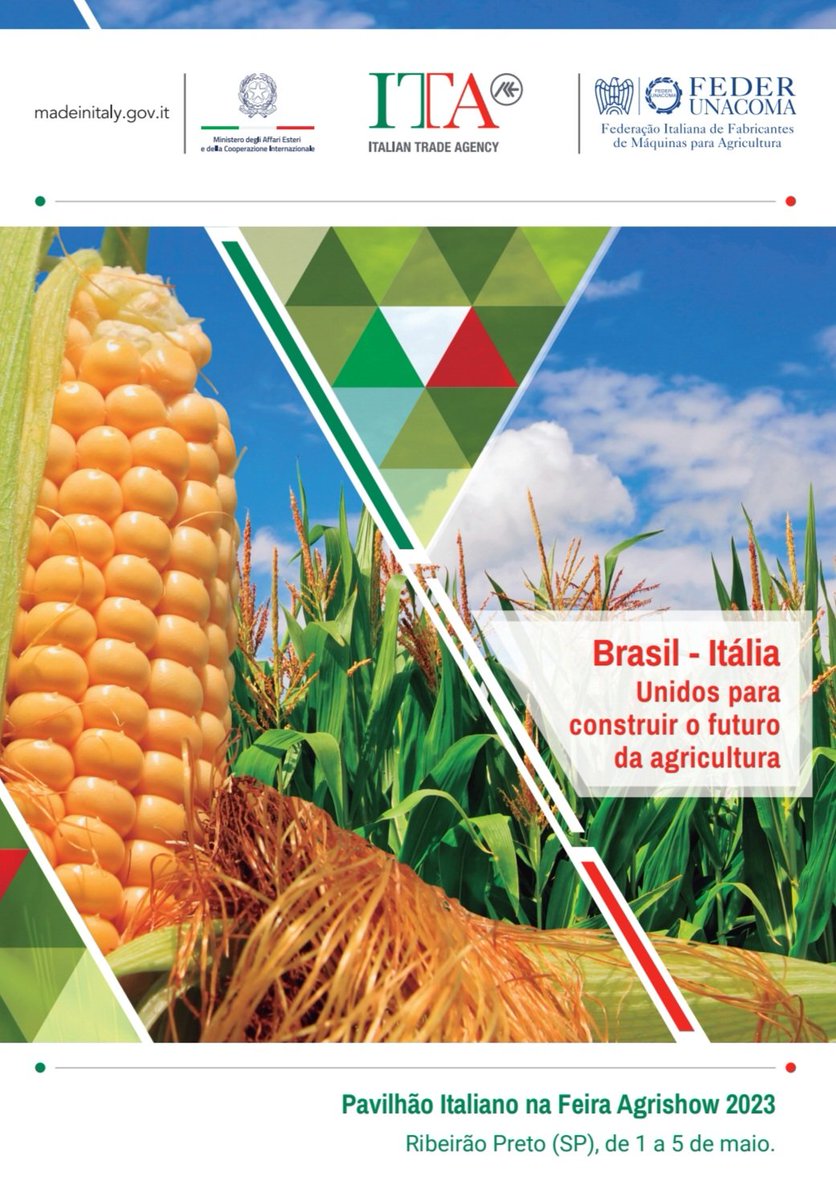 Mais uma vez presente na maior feira Latino-Americana dedicada às tecnologias para o setor agrícola, a ITÁLIA participa da Agrishow 2023 com 15 das mais representativas empresas italianas do setor. De a 1 a 5 de maio, em Ribeirão Preto (SP).
#madeinitaly #agricultura #agrishow