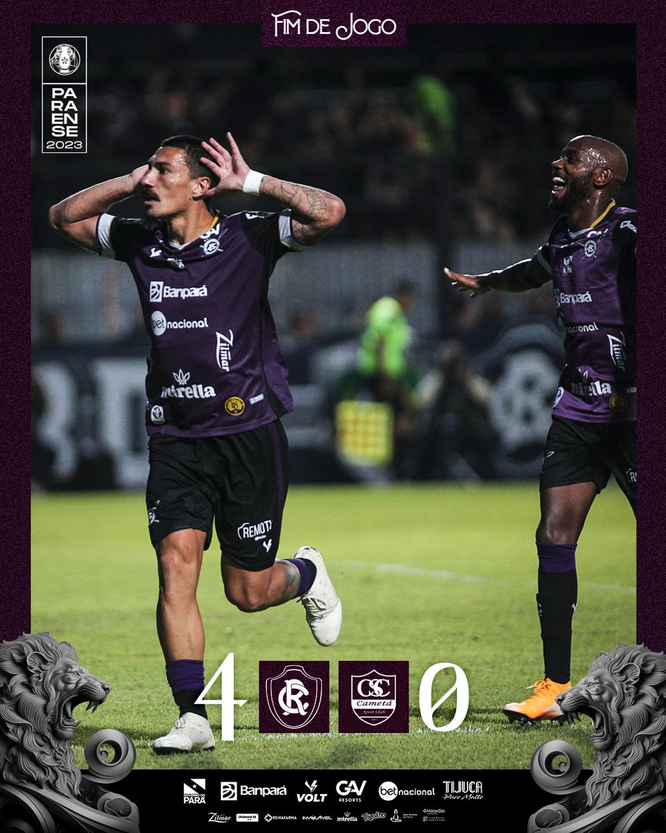 ClubeDoRemo's tweet photo. ESTAMOS NA FINAL DO #PARAZÃO2023!!! 💪🦁
No Banpará Baenão, o Rei da Amazônia vence o Cametá, por 4 a 0, com gols de Muriqui, Jean Silva, Richard Franco e Pablo Roberto. Vamos em busca do bicampeonato! 🏆🔥
📸 Samara Miranda/Remo
#OReiDaAmazônia #REMxCAM https://t.co/1mDoZNHlXc