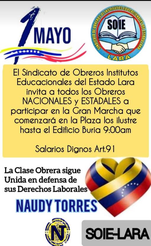 #01Mayo #MegaProtesta por Reivindicaciones Laborales 
Hora: 8:30am
Concentración: #AvVargas Plaza Los Ilustres, rumbo a la #Gobernación de #Lara
#RompeLaBurbuja
#LaPeleaEsPeleando