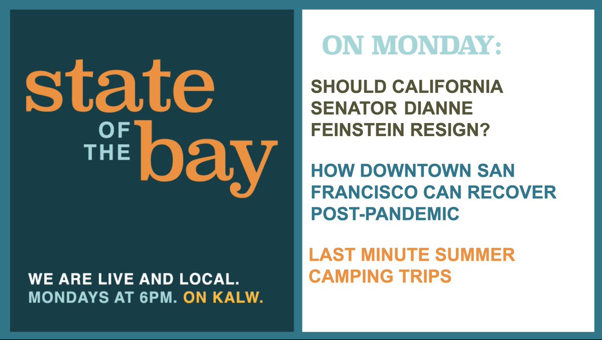 stateofbay's tweet photo. 5/1 @KALW
@shiramstein @sfchronicle discusses the implications of Senator Feinstein’s prolonged absence 
Rodney Fong @SF_Chamber, @terplan @UCBerkeley, and @kevinbtruong  @SFStandard on how SF can disrupt the "doom loop"
Shoshi Park's @7x7  tips for snagging NorCal campsites https://t.co/y0YGKD44YB