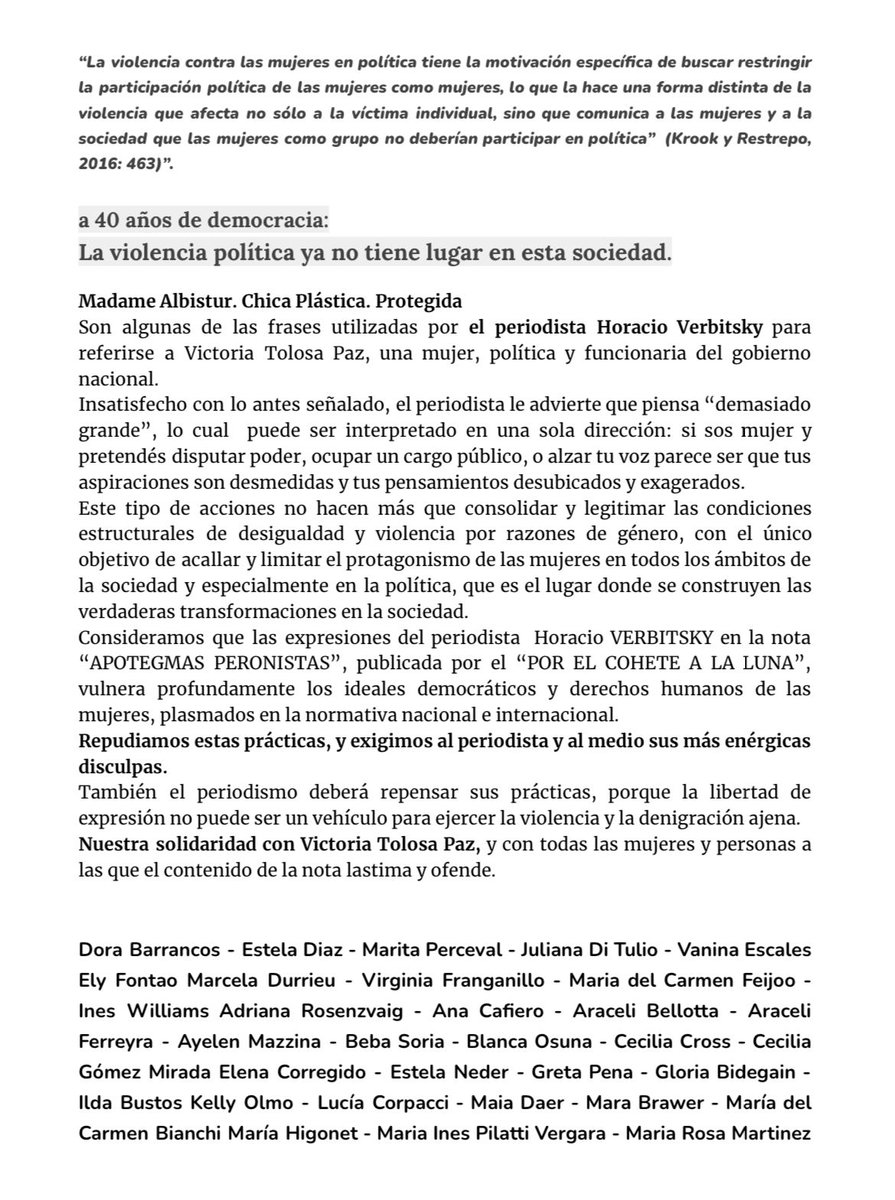 vtolosapaz's tweet photo. Agradezco a todas las compañeras y compañeros que mostraron su solidaridad y repudio generalizado a las descalificaciones y los agravios que recibí por parte de Horacio Verbitksy.

Nunca más violencia mediática y política a las mujeres de la Argentina. https://t.co/usR38JuXu6