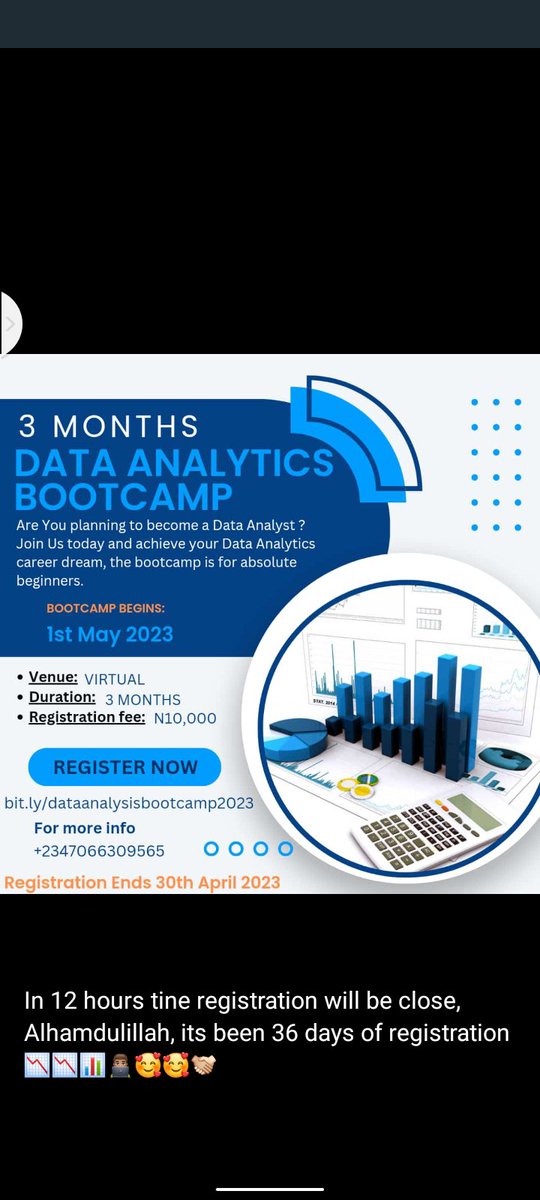 Lukman_NaAllah's tweet photo. Few Hours to close Data Analytics Bootcamp Registration 📊📉📊💻💻
#DataScientists #DataVisualization #DataScientist #Analytics https://t.co/BIQwyQDyf4